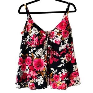 Maxine of Hollywood floral rose red multi on black empire style tankini top 20W.